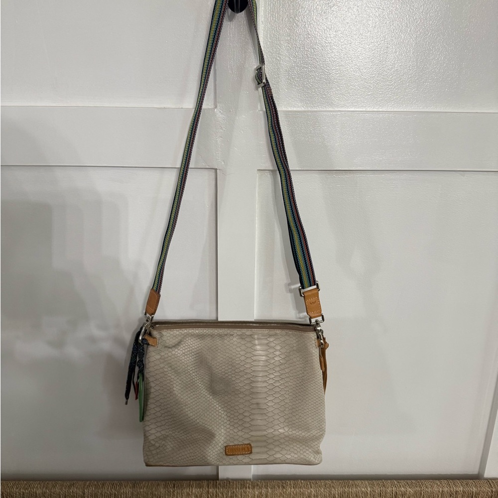 Consuela Beige Crossbody Bag with Multicolor Strap